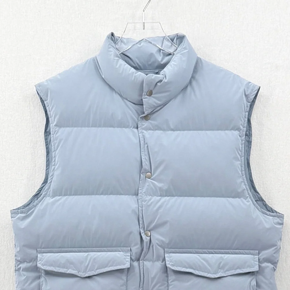 ZARA 100% Down Mens Puffer Vest Light Blue Quilted Snap Button Winter Cozy